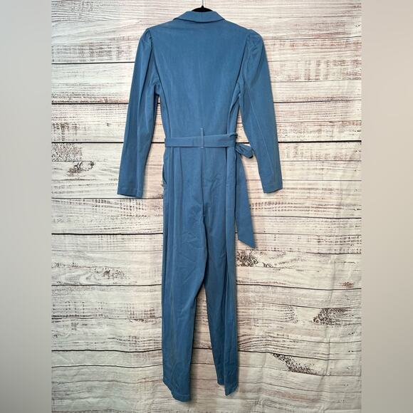 Zara Medium Blue Blazer Jumpsuit Puff Shoulder V Neck Tencel Lyocell - Picture 3 of 16